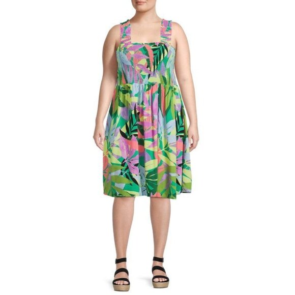 Terra & Sky Peasant Boho Smocked Tropical Floral Dress Green Multi Color 1X NEW - Picture 1 of 6